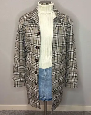 J. Ferrar Brown/White/Black Plaid Trench Coat Size L NWT thumbnail 1