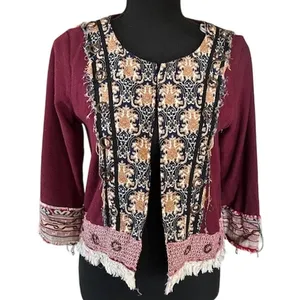 Gimmicks by BKE Boho Embroidered Jacket Size S Burgundy Open Front thumbnail 2