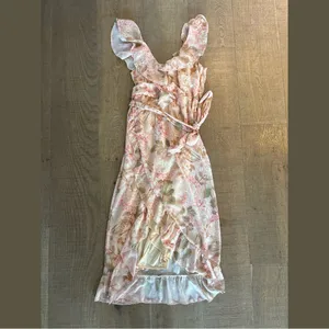 show me your mumu granada ruffle hydrangea blooms floral print midi dress thumbnail 2