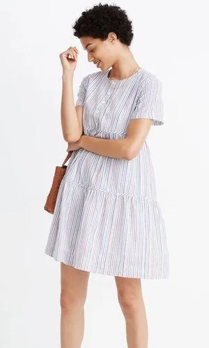 Madewell Striped Crewneck Button-Front Tiered Mini Dress Size M Spring Easter thumbnail 1