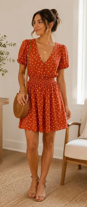Madewell Smocked-Waist Mini Dress Polka Dots Burnt‎ Clay Puff Sleeve XS thumbnail 1