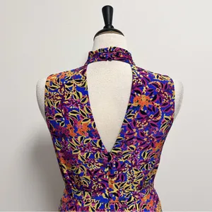Saloni Blue Purple Floral Sleeveless Plunging V Neck Choker Neck Fleur Dress 8 thumbnail 5
