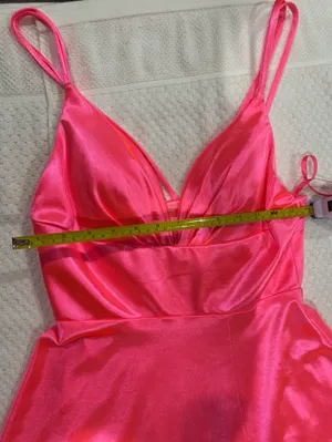 CINDERELLA DIVINE Satin V-Neck Spaghetti Strap Maxi Dress in Hot Pink thumbnail 3