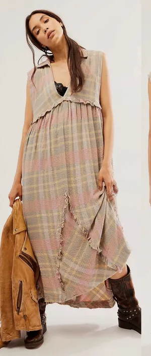 Free People Oversized Bohemian Grunge 90s Plaid Kirby Maxi Dress Size Large thumbnail 1