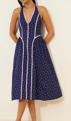 Anthropologie Halter V Neck Midi Dress With Polka dots thumbnail 1