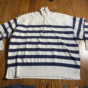 Free People Striped Quarter-Zip Knit Sweater Pullover S oversize thumbnail 1
