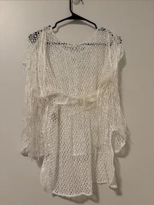 Free People White Sheer Knit Fringe Boho Cover Up Top Size Medium NEW thumbnail 5