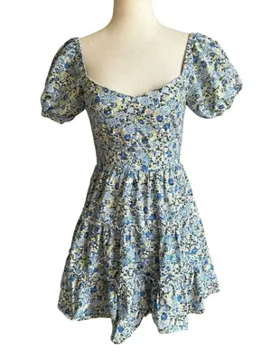 Altar'd State Blue Floral Lined Mini Babydoll Dress Women's Size Small | 27-1 thumbnail 1