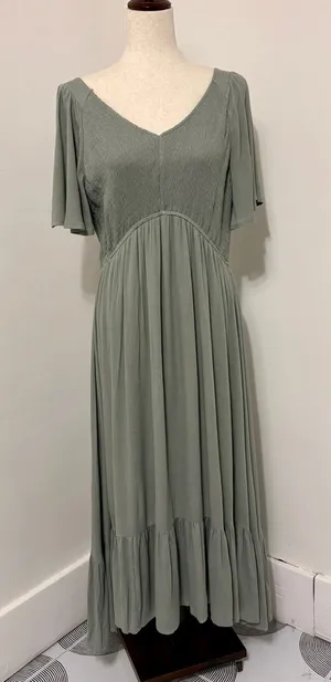 JODIFL PinkBlush Green Smocked Ruffle Midi Dress Sz L thumbnail 1