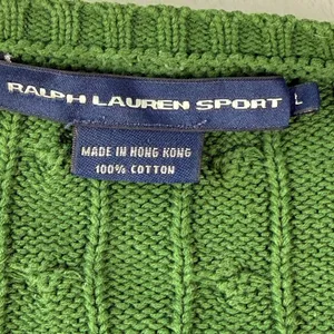 Ralph Lauren Sport Green Cable Knit‎ V-Neck Cotton Large Sweater Purple Pony thumbnail 2