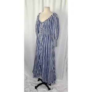 NWT!! By ANTHROPOLOGIE Long Sleeve Sweetheart Midi Dress Blue White Striped XS thumbnail 6