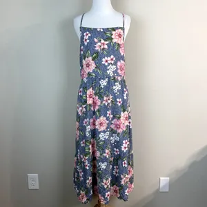 Hiatus Dress Womens XL Blue Pink‎ Floral Midi Strappy Open Back Casual Summer thumbnail 2