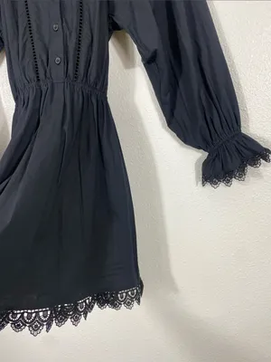 Girls' Black Long-Sleeve Lace-Trim Smocked Waist Dress Size12 100%Organic cotton thumbnail 5