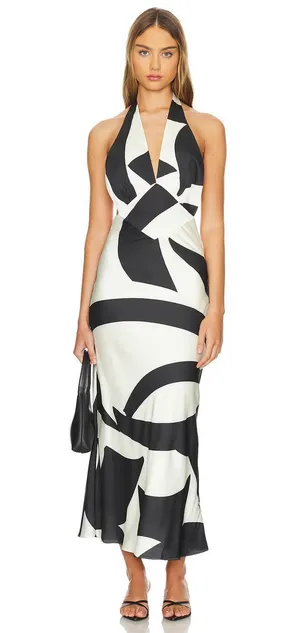 Anthropologie Bardot Black White Citron Halter Midi Bodycon Dress thumbnail 1