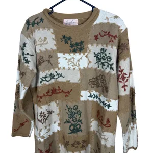 Jaclyn Smith Womens Patchwork Floral Knit Sweater Tan Cream Green Size M thumbnail 2