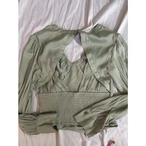Anthropologie Sage Green Pleated Satin Open Back Blouse XXS Balloon Sleeve thumbnail 8