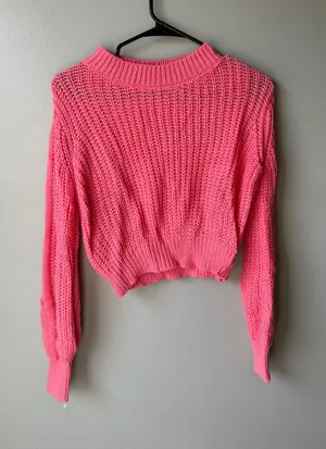 Coral Pink Chunky Knit Cropped Sweater Small thumbnail 1
