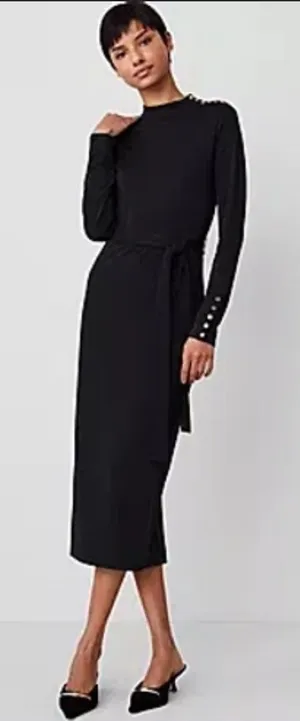 NWT!! Ann Taylor Long Sleeve Mock Neck MIDI Dress in Black with Waist Tie thumbnail 1
