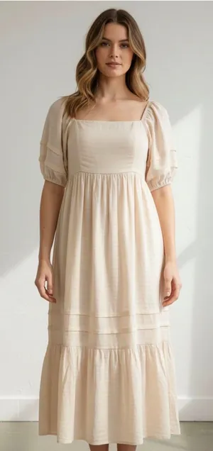 Vici Women's Small Beige Puff Sleeve Tie Back Midi Dress thumbnail 1