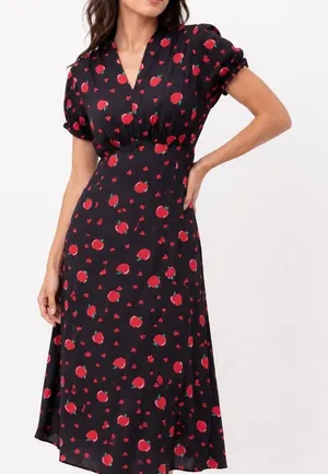 ModCloth X Collectif Apple Heart Print Midi Dress Black Red Puff Sleeve Cottage thumbnail 1