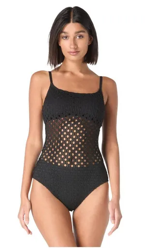 NWT Carmen Marc Valvo Womens Crochet Scoop Neck One Piece Swimsuit Black 4 thumbnail 1