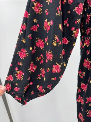Old Navy Black Long-Sleeve Floral Square-Neck Dress smocked L dark romance thumbnail 7