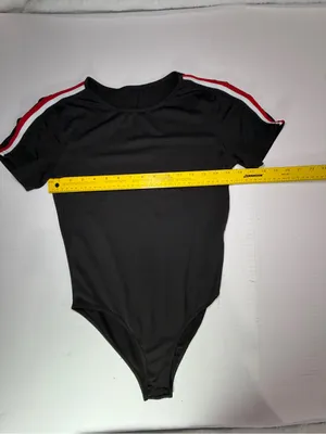 SHEIN Black Short-Sleeve Bodysuit with Red and White Shoulder Stripes thumbnail 2