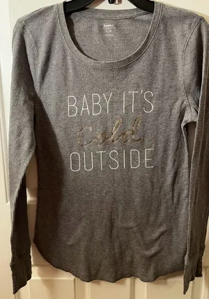 Old Navy Women's Long Sleeve Waffle Knit Graphic T-Shirt Gray Baby It's Cold Out thumbnail 2