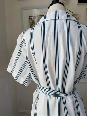 Vintage 70s British Lady House Dress White Blue Stripe 22 2X 3X thumbnail 4