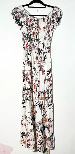 Anthropologie Kindred Floral Smocked Maxi Dress Medium White Tiered Boho thumbnail 1