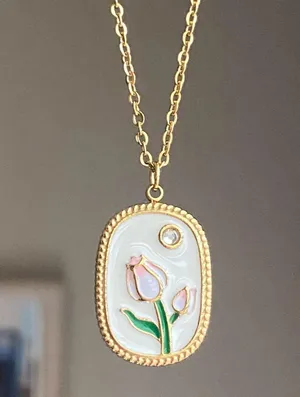 Handmade gold tone stainless steel cute chic tulip necklace🌷🩷 thumbnail 1