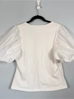 Maeve Anthropologie Puff Sleeve Faux Wrap Surplus Cotton Knit Top White XL thumbnail 3