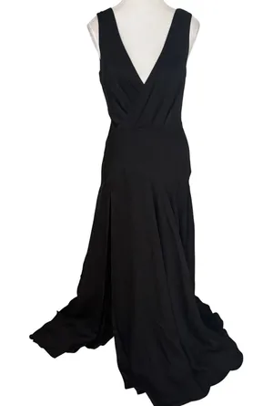 FAME‎ & PARTNERS Black Satin V Neck Maxi Dress Long Side slit formal Size 4 NWT thumbnail 1