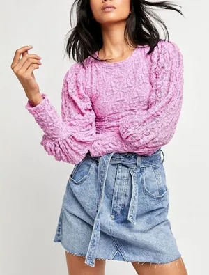 Free People Tea Time Lace Cropped Top Puff Sleeve‎ Pink Size Large NEW thumbnail 1