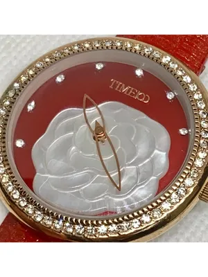 Timeco women’s watch floral dial rose gold tone 40mm red leather band running thumbnail 3