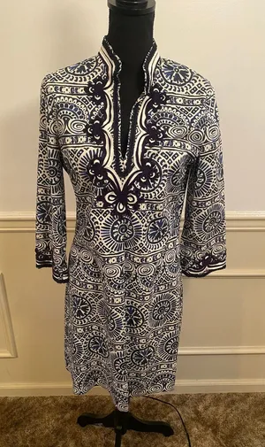 Tory Burch Tunic Shift Dress Mosaic Navy Blue White Tile Work Design Coastal thumbnail 1