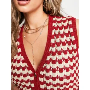 Source Unknown Damson Madder crochet sleeveless cardigan top red and ivory checkered pattern thumbnail 2