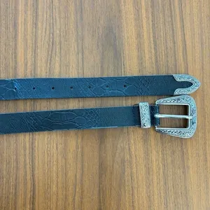 Western Black Faux Leather Belt Ornate Silver Buckle Soft Crocodile Texture thumbnail 11