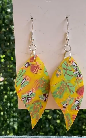 Handmade Polymer Clay Earrings Yellow Tropical Leaf Dangle Statement Jewelry thumbnail 1