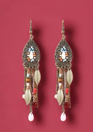Boho Vintage Style Beaded Fringe Dangle Chain Feather Earrings *Faux Fashion Je thumbnail 9