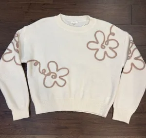 debut Cream Crewneck Sweater with Taupe Floral Outline Size Small - P99 thumbnail 1