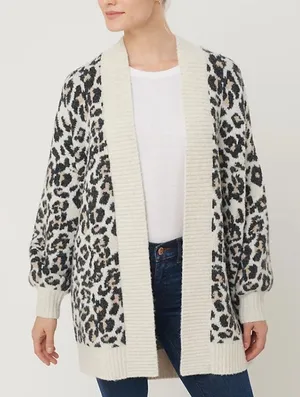 LOFT Leopard‎ Print Cardigan Sweater S Cream Open Front Cozy Knit Preppy Chunky thumbnail 1