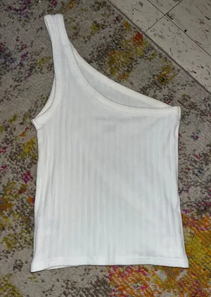 American Eagle White Ribbed One Shoulder Tank thumbnail 2