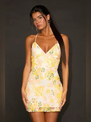 Lulus Mitzy Ivory Multi Floral Sequin Lace-Up Mini Dress Size Small thumbnail 3