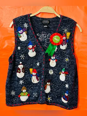 Navy Snowman Embroidered Holiday Sweater Vest - Women's Festive Knit thumbnail 2
