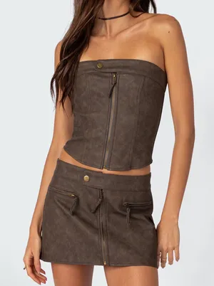 Edikted Ziva Faux Leather Lace-Up Corset in Brown thumbnail 3