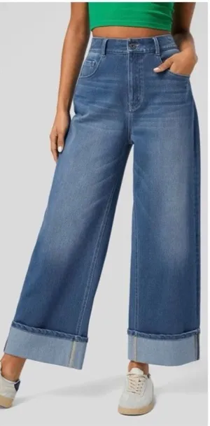 NWT Halara Flex Tall High Waisted Pockets Rolled Hem Wide Leg Washed Denim Large thumbnail 1