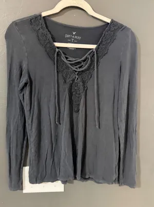 American Eagle Soft &‎ Sexy Charcoal Gray Lace Up Grunge Long Sleeve Top Small thumbnail 1