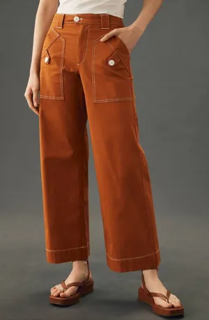 Maeve Anthropologie Burnt Orange Cropped Wide Leg Carpenter Pants Size 4 thumbnail 1