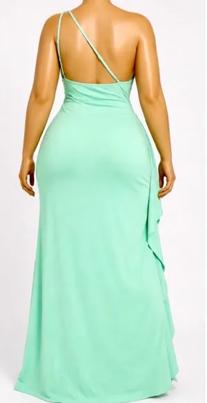 Asymmetric One-Shoulder Mint Green Evening Dress. Large thumbnail 2